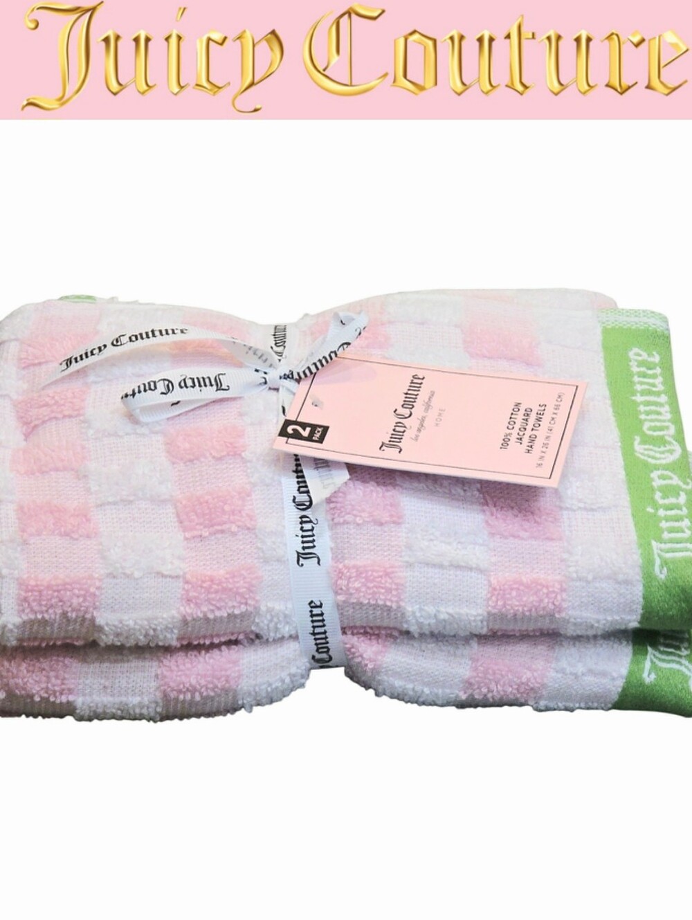 Juicy Couture Home Pink, White & Green Check Logo Cotton Jacquard Hand Towels